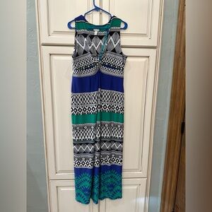 Geometric Patterned Blue and Green Maxi Dress